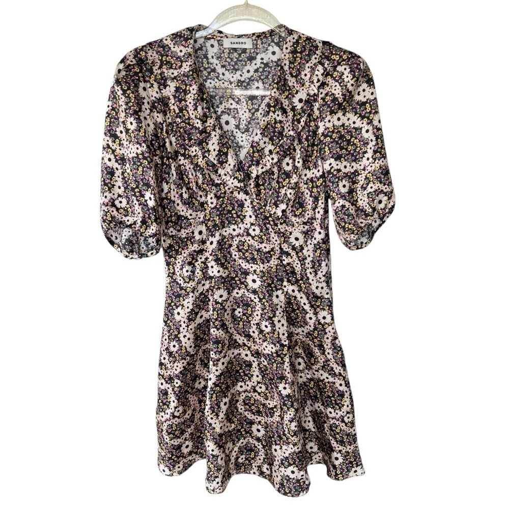 Sandro Casablanca Puff Sleeve 100% Silk Mini Dress Daisy Chain Paisley XS NWT - Picture 2 of 15
